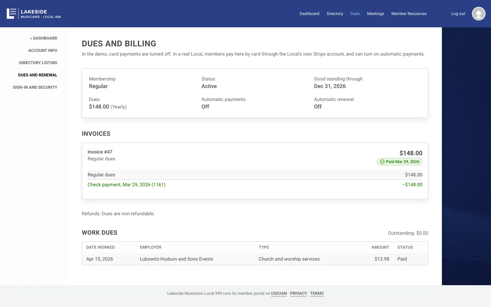 A member's dues page: membership, good-standing date, dues amount and invoice history.