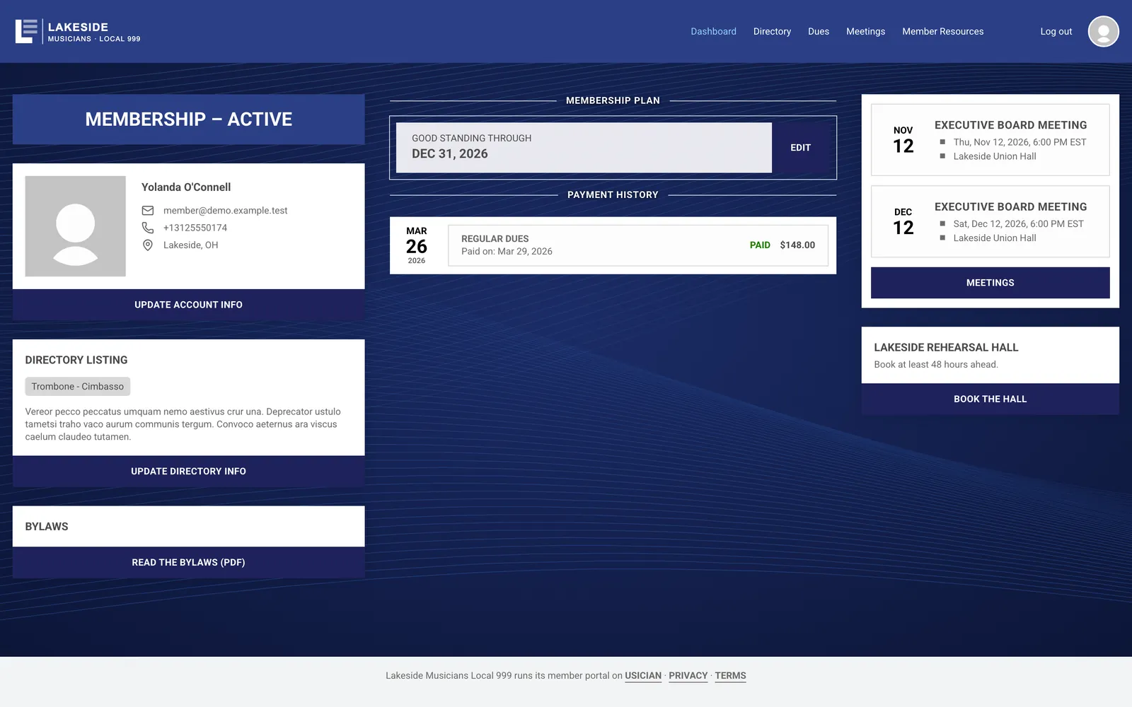 The demo Local's member dashboard in its own navy and orange colors.