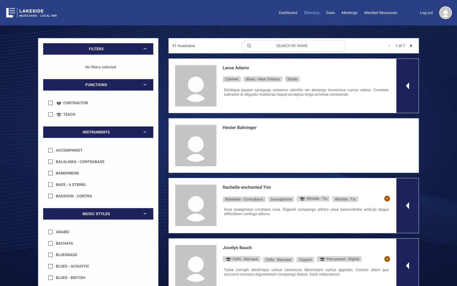 The members-only directory with filters for instruments and styles, and musicians' listings.