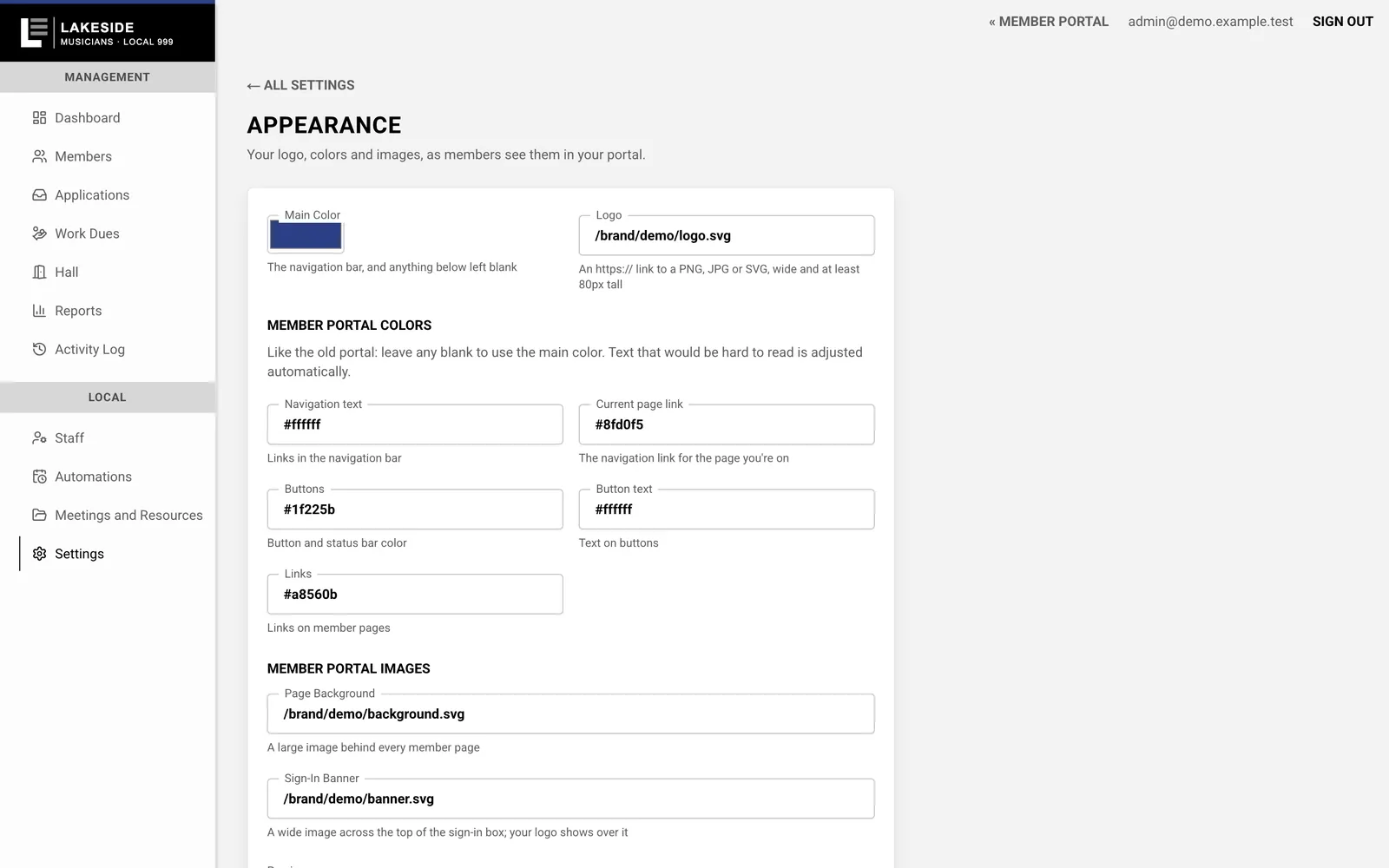 The Appearance settings: main color, logo, portal colors, images and a live preview.