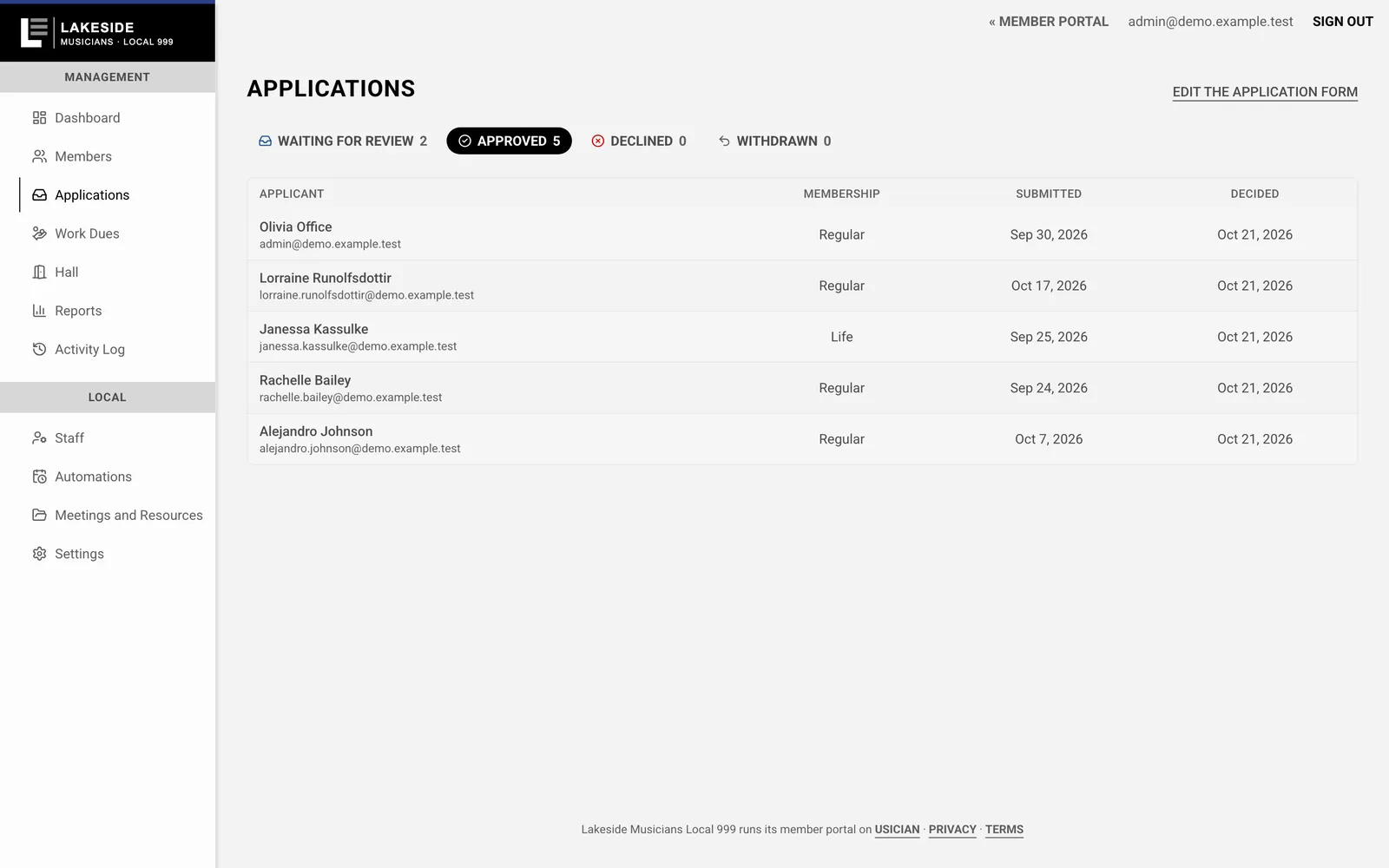 The office's applications list with status filters and approved applicants.