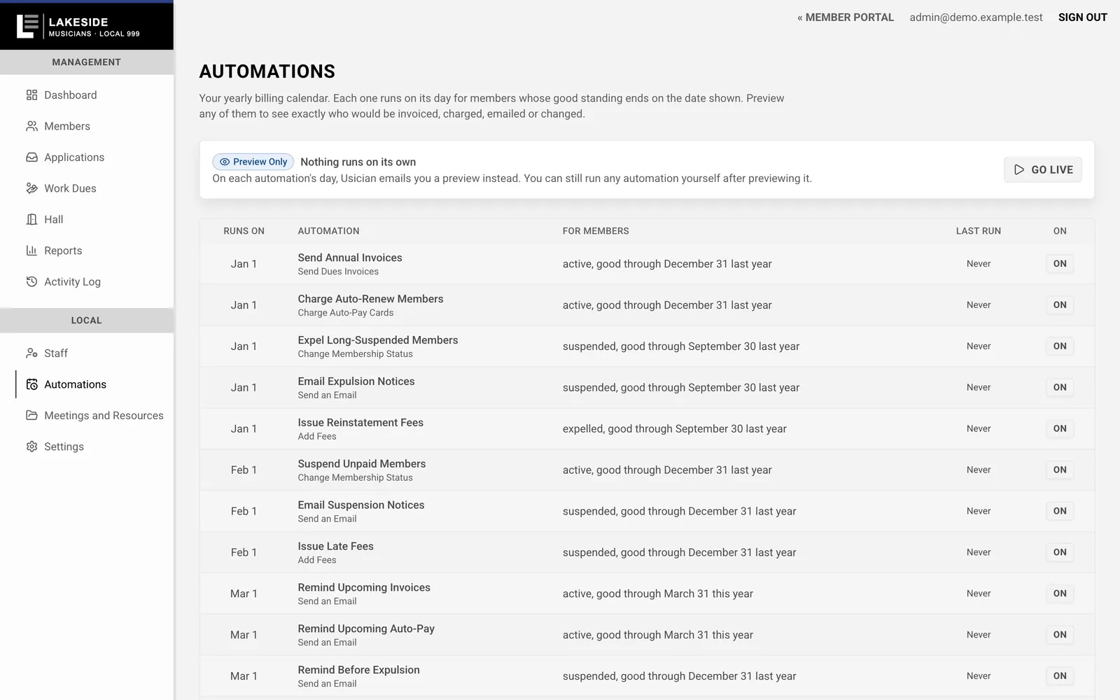 The yearly automations calendar: send annual invoices, charge auto-pay, suspend unpaid members and more.