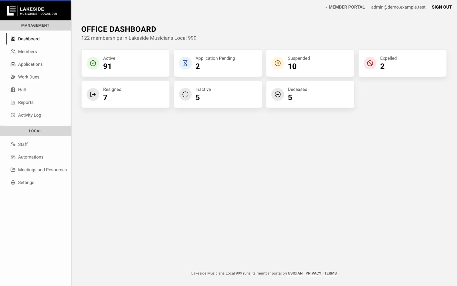 The demo Local's office dashboard with membership counts by status.
