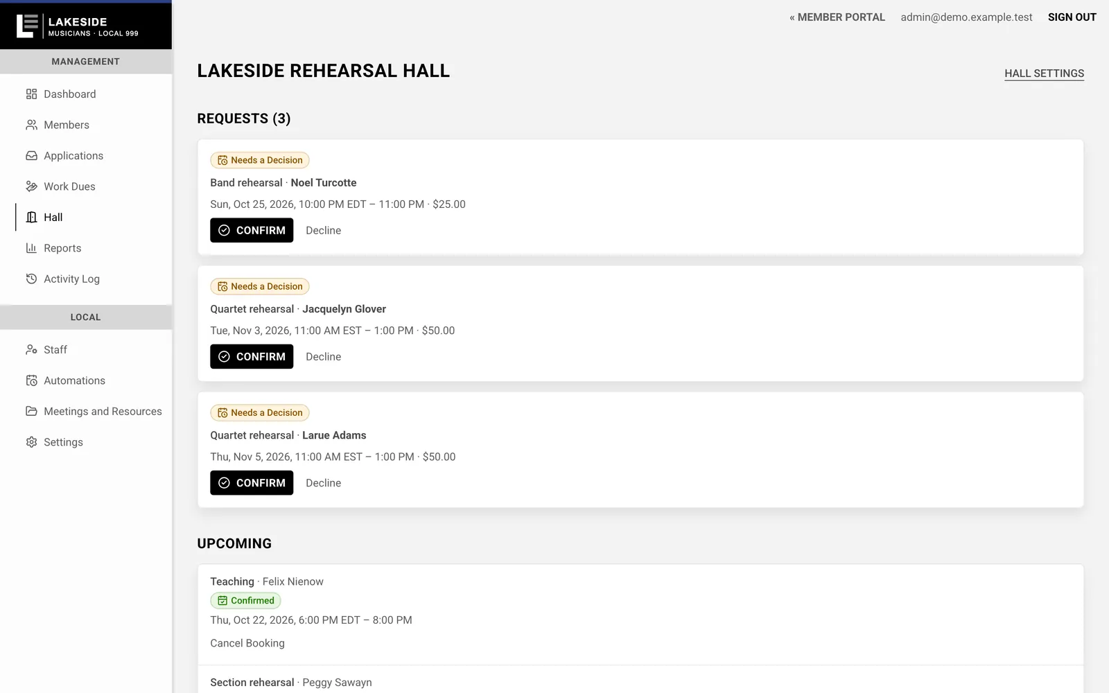The office's hall page with booking requests waiting for a decision and confirmed bookings.