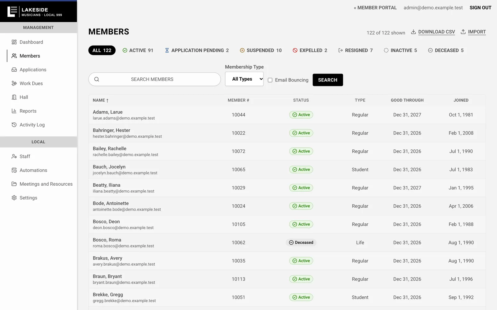 The office's member list with filters, search and each member's status.
