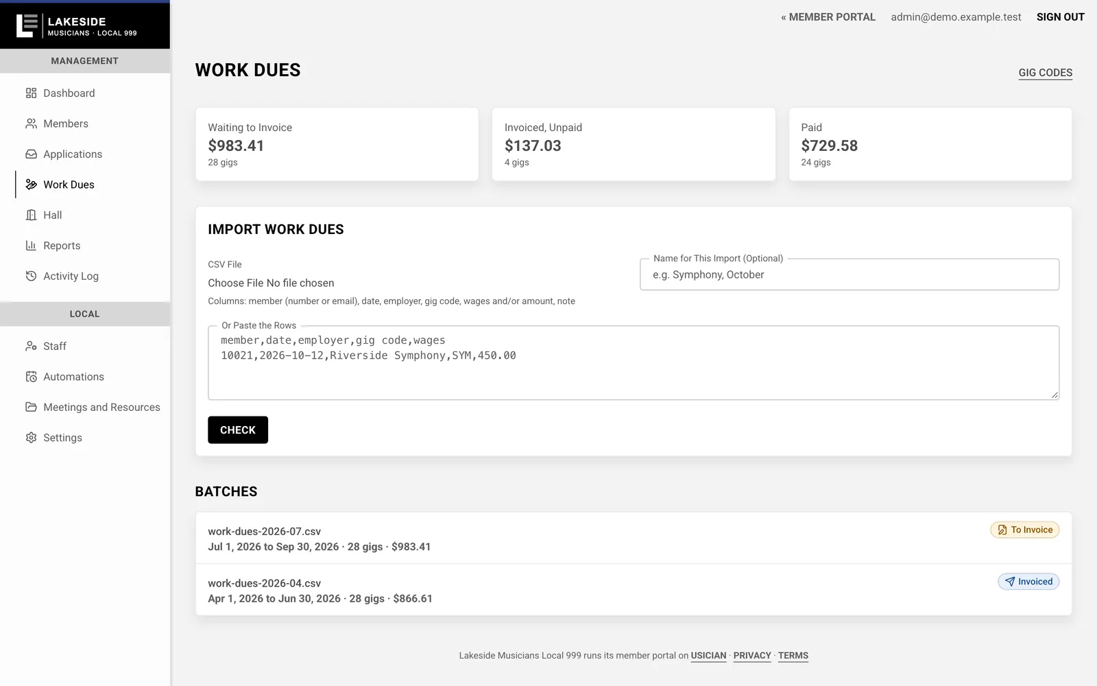 The work dues page: totals waiting to invoice, invoiced and paid, and imported batches.